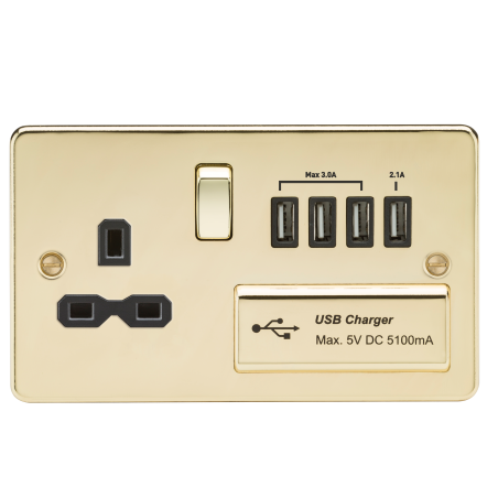 Knightsbridge FPR7USB4PB Flat plate 13A switched socket with quad USB charger - polished brass with black insert