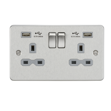 Knightsbridge FPR9224BCG Flat plate 13A 2G switched socket with dual USB charger (2.4A) - brushed chrome with grey insert
