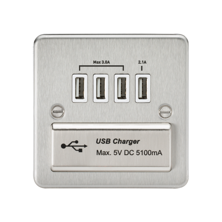Knightsbridge FPQUADBCW Flat Plate Quad USB charger outlet - Brushed chrome with white insert