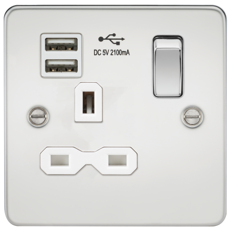 Knightsbridge FPR9901PCW Flat plate 13A 1G switched socket with dual USB charger (2.1A) - polished chrome with white insert