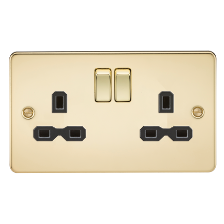 Knightsbridge FPR9000PB Flat plate 13A 2G DP switched socket - polished brass with black insert