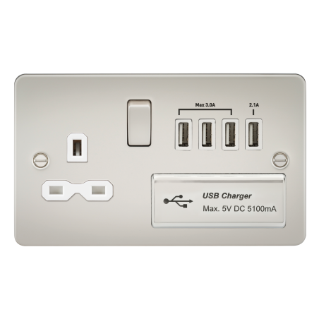 Knightsbridge FPR7USB4PLW Flat plate 13A switched socket with quad USB charger - pearl with white insert