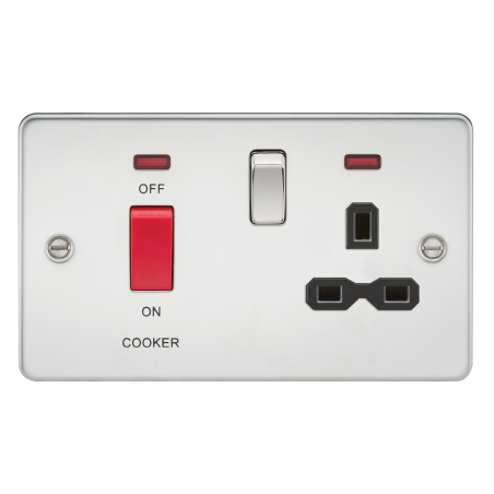 Knightsbridge FPR8333NPC Flat plate 45A DP switch and 13A switched socket with neon - polished chrome with black insert