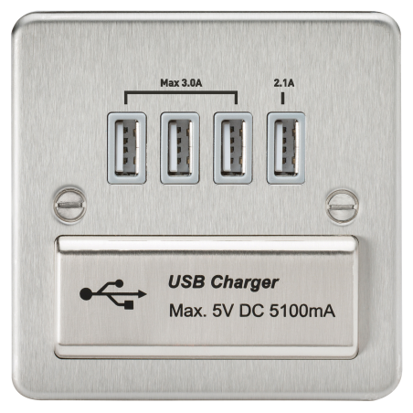 Knightsbridge FPQUADBCG Flat Plate Quad USB charger outlet - Brushed chrome with grey insert
