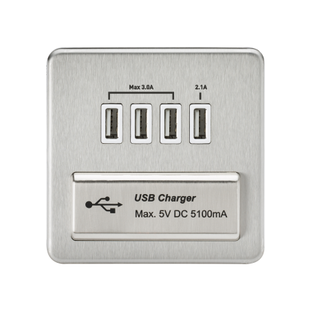 Knightsbridge SFQUADBCW Screwless Quad USB Charger Outlet (5.1A) - Brushed Chrome with White Insert