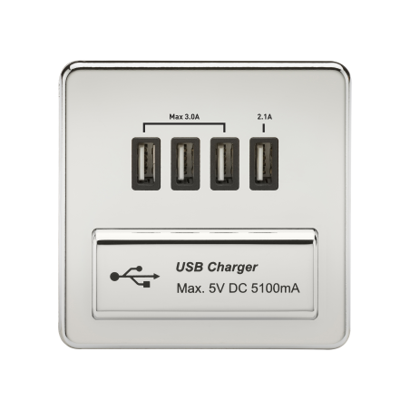 Knightsbridge SFQUADPC Screwless Quad USB Charger Outlet (5.1A) - Polished Chrome with Black Insert
