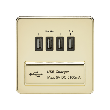 Knightsbridge SFQUADPB Screwless Quad USB Charger Outlet (5.1A) - Polished Brass with Black Insert