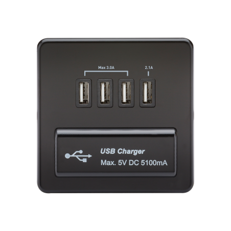 Knightsbridge SFQUADMB Screwless Quad USB Charger Outlet (5.1A) - Matt Black with Black Insert