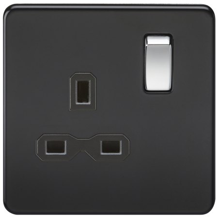 Knightsbridge SFR7000MB Screwless 13A 1G DP switched socket - matt black with black insert and chrome rockers