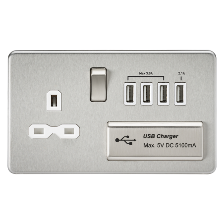 Knightsbridge SFR7USB4BCW Screwless 13A switched socket with quad USB charger (5.1A) - brushed chrome with white insert