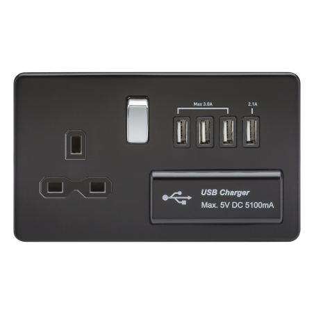 Knightsbridge SFR7USB4MB Screwless 13A switched socket with quad USB charger (5.1A) - matt black with chrome rocker
