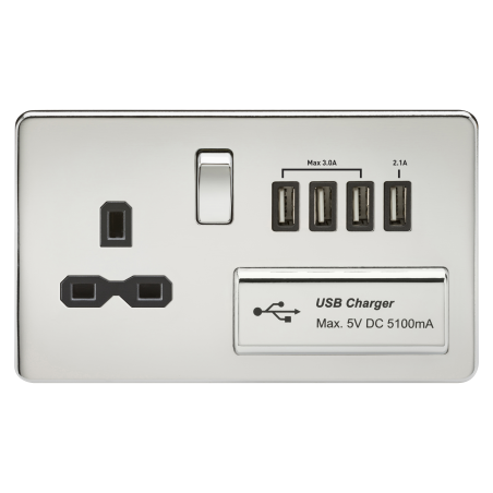 Knightsbridge SFR7USB4PC Screwless 13A switched socket with quad USB charger (5.1A) - polished chrome with black insert