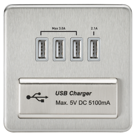 Knightsbridge SFQUADBCG Screwless Quad USB Charger Outlet (5.1A) - Brushed Chrome with Grey Insert