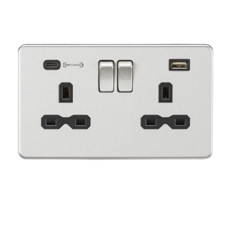 Knightsbridge SFR9909BC 13A 2G DP Switched Socket with Dual USB Charger (Type-C FASTCHARGE port) - Brushed Chrome/Black
