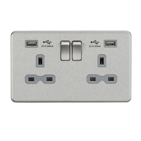 Knightsbridge SFR9224BCG 13A 2G Switched Socket with Dual USB Charger (2.4A) - Brushed Chrome with Grey Insert