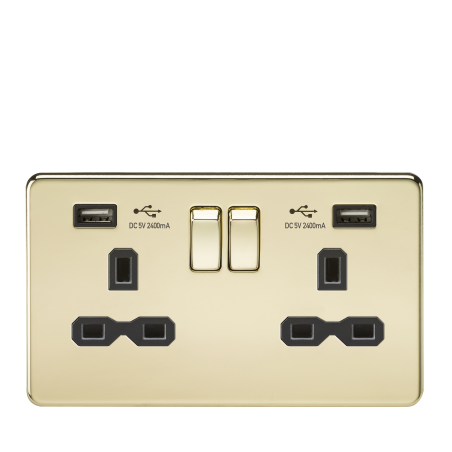 Knightsbridge SFR9224PB 13A 2G Switched Socket with Dual USB Charger (2.4A) - Polished Brass with Black Insert