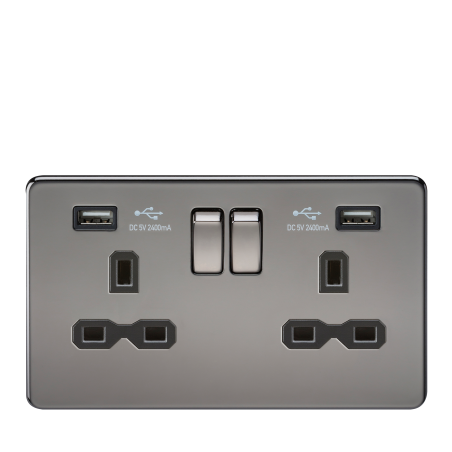 Knightsbridge SFR9224BN 13A 2G Switched Socket with Dual USB Charger (2.4A) - Black Nickel with Black Insert