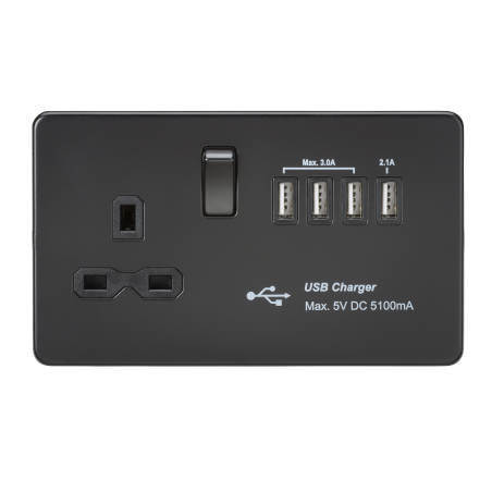 Knightsbridge SFR7USB4MBB Screwless 13A switched socket with quad USB charger (5.1A) - Matt Black
