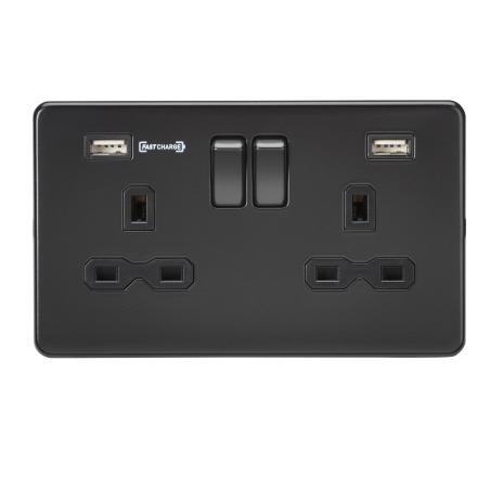 Knightsbridge SFR9906MBB 13A 2G DP Switched Socket with Dual USB Charger (Type-A FASTCHARGE port) - Matt Black
