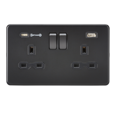 Knightsbridge SFR9907MBB 13A 2G DP Switched Socket with Dual USB Charger (Type-C FASTCHARGE port) - Matt Black