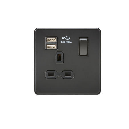 Knightsbridge SFR9901MBB Screwless 13A 1G switched socket with dual USB charger (2.1A) - Matt Black